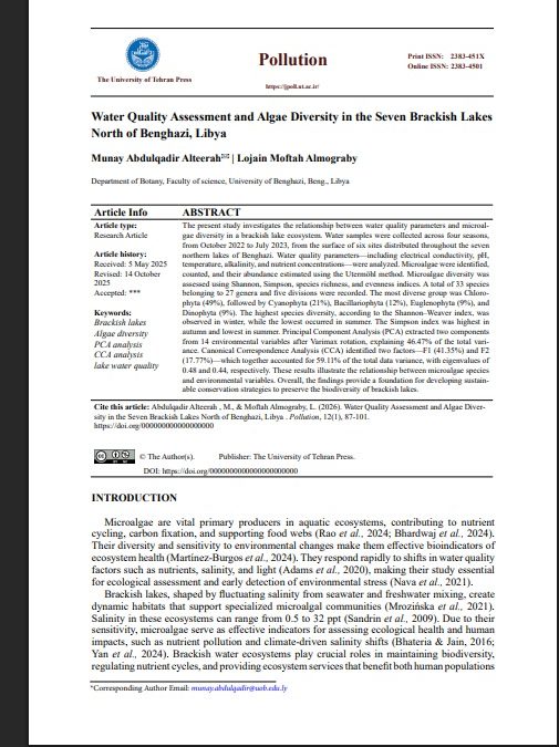 University of Benghazi Researchers Publish Q3-Indexed Study on Water Quality and Algal Diversity