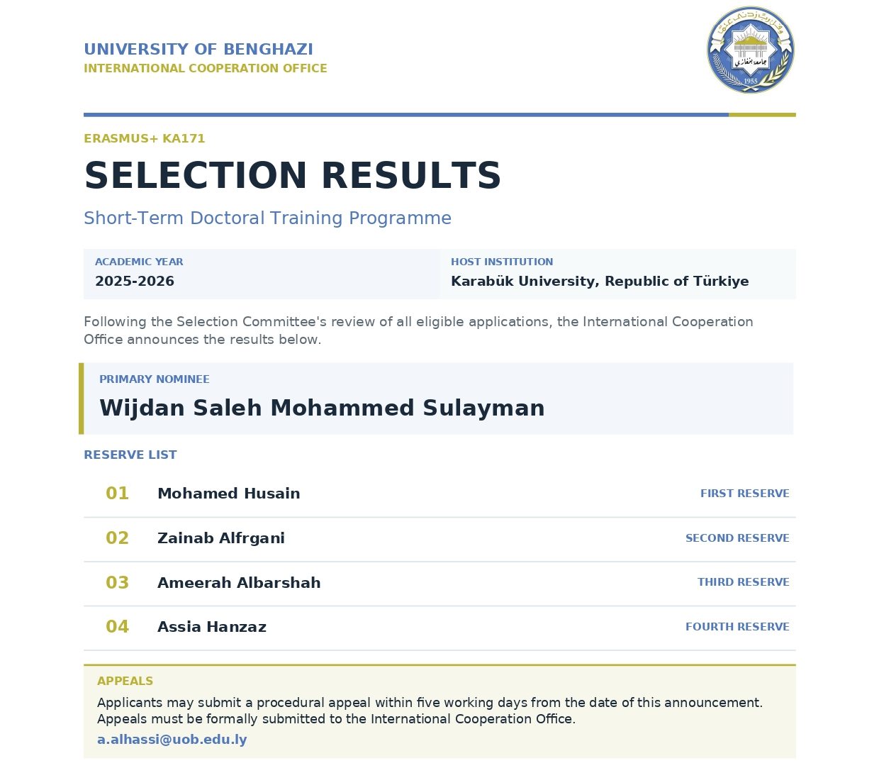 University_of_Benghazi_Erasmus_KA171_Public_Selection_Results_2025_page-0001 University of Benghazi Erasmus+ KA171 short-term doctoral training selection results for Karabük University Türkiye