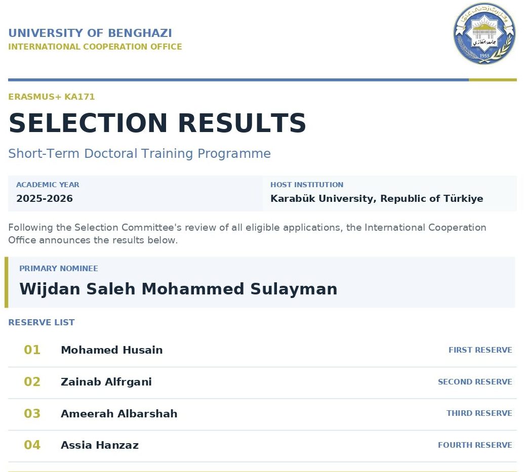 university of benghazi erasmus ka171 selection results 2025-2026 Erasmus+ KA171 selection results for doctoral training at Karabük University