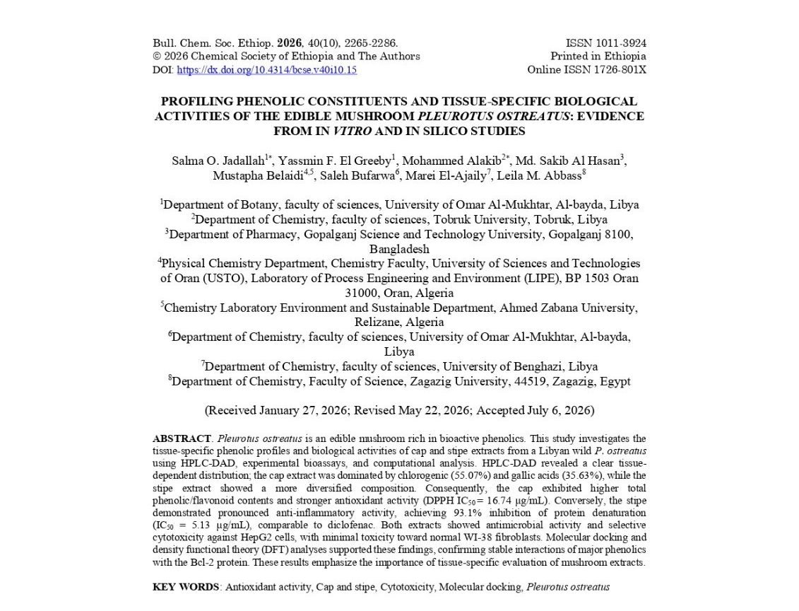 University of Benghazi research study on the pharmaceutical potential of Pleurotus ostreatus oyster mushrooms